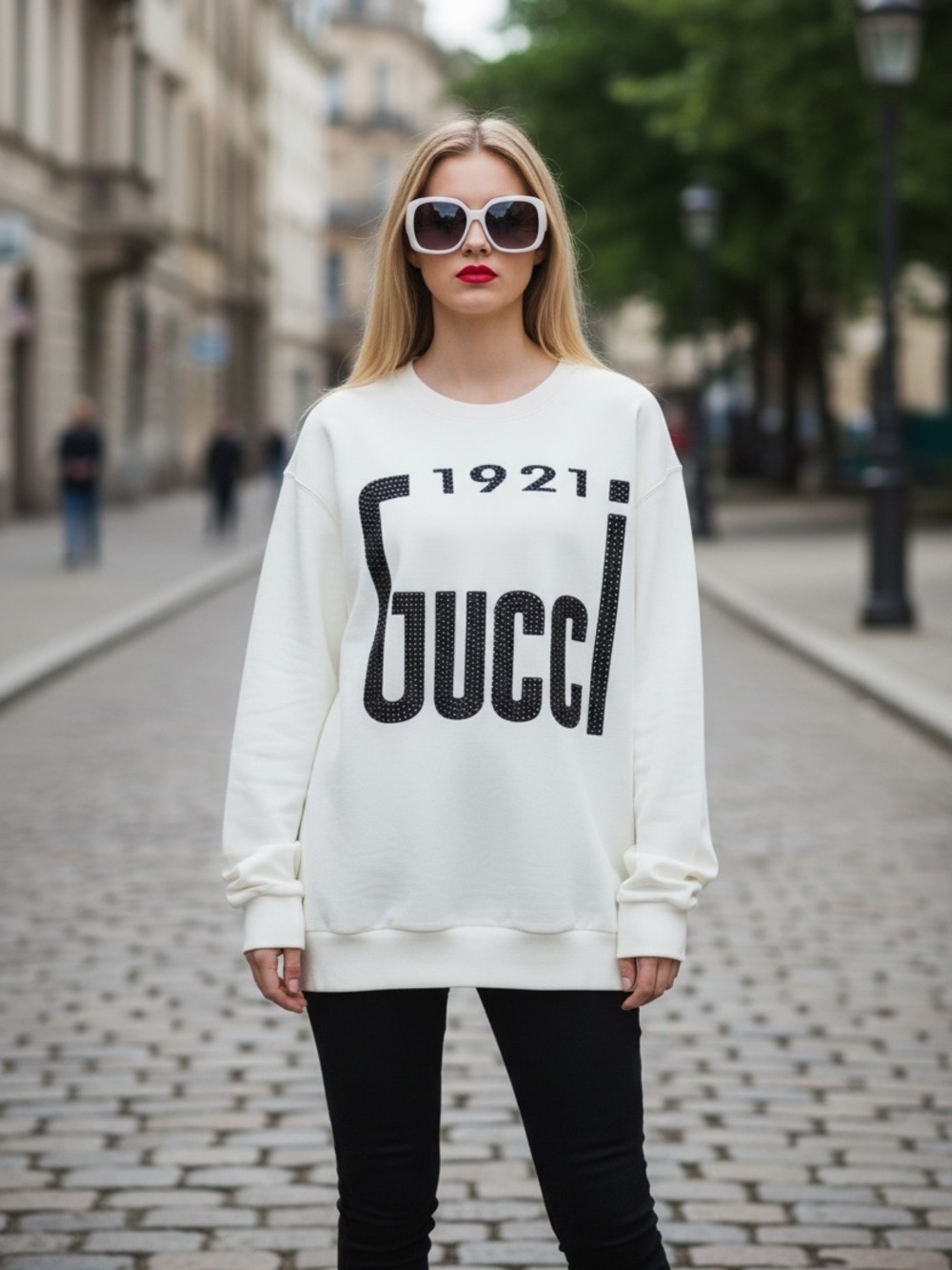 Gucci 1921 Cream Sweatshirt with Black Crystal Trim